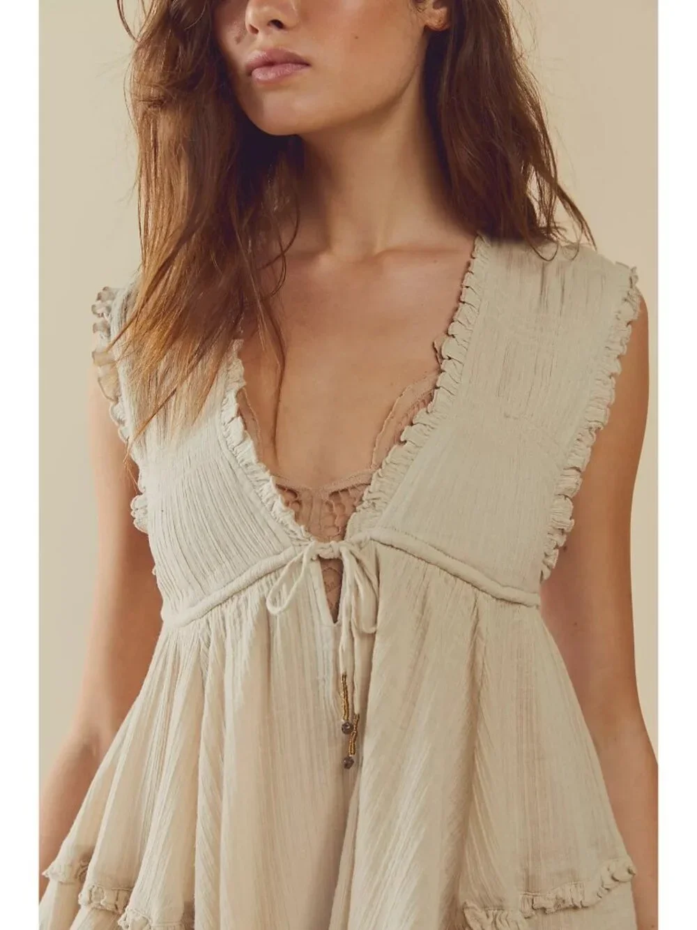 Free People Beige Layered Ruffle Ruched V-Neck Mini Dress S | Coastal Boho Indie - Picture 3 of 13